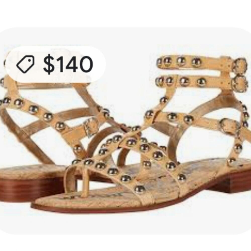 SAM EDELMAN DION BEIGE SPIKED STRAPPY BLOCK HEEL SANDAL SIZE 6.5